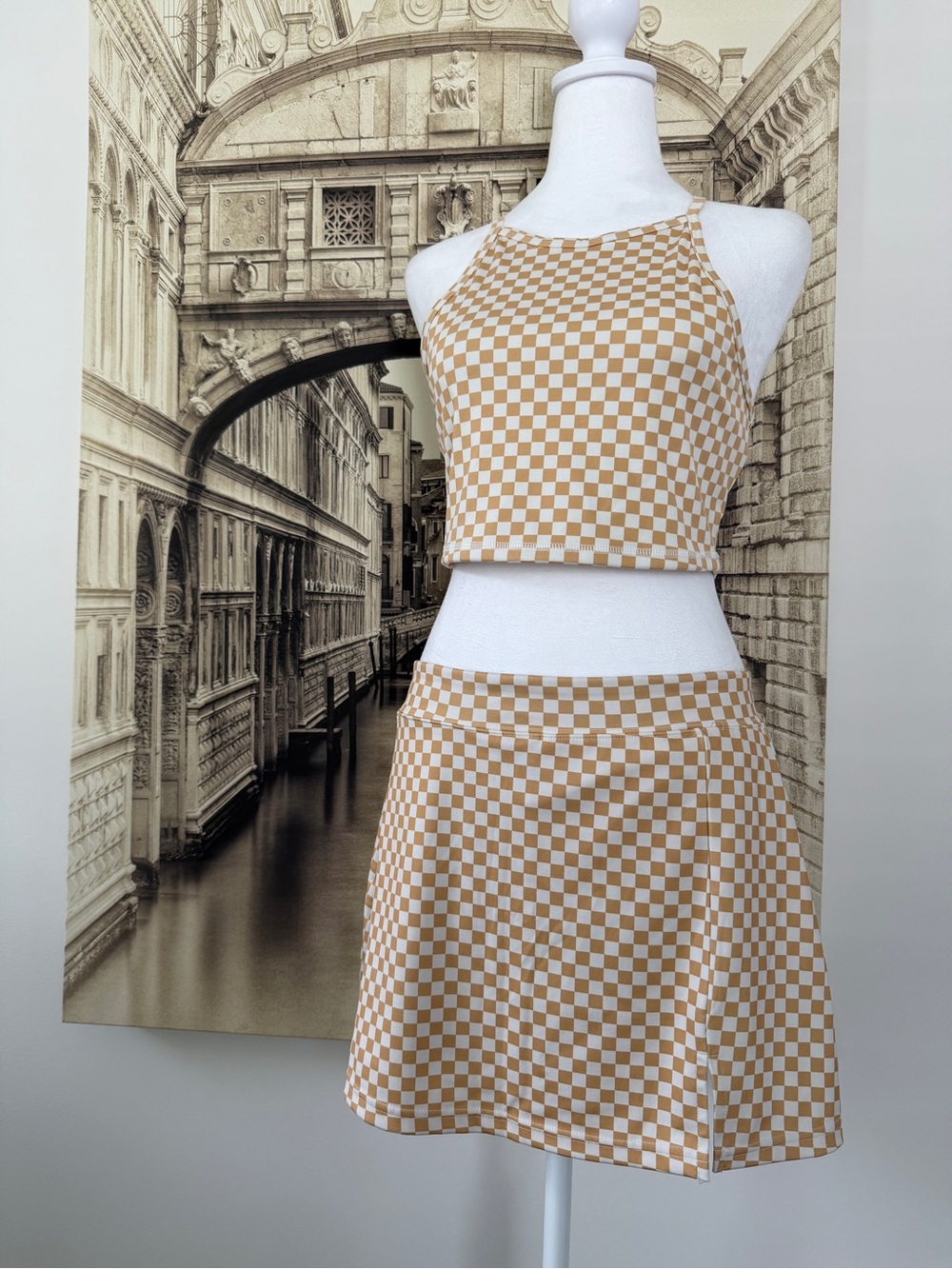 Like New Checkerboard Halter Crop Top & Skirt Set - Beige - Picture 13 of 16